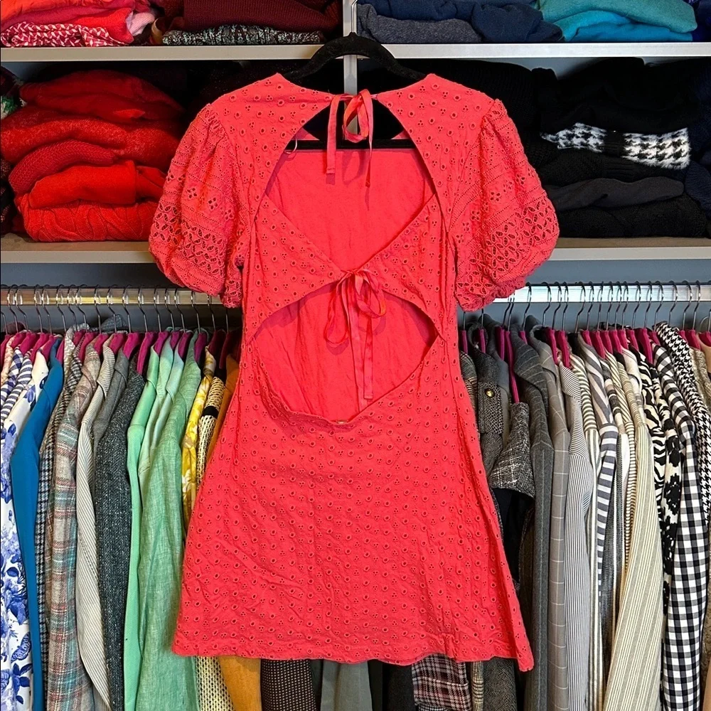 Free People red short puff sleeve back cut outs lined eyelet dress size S